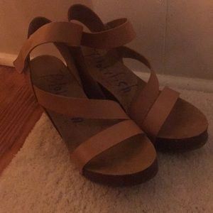 Blowfish brown open toed wedges size 9.5